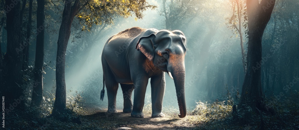 Poster majestic asian elephant in serene forest setting with soft light and ample space for text or design 