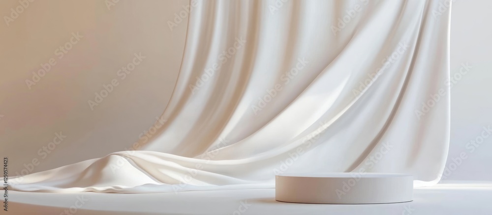 Poster elegant white fabric drape creating fluid waves ideal for display and promotional text space in a mi