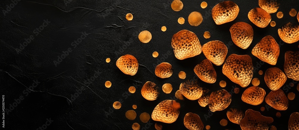 Aufkleber lotus seeds scattered against a dark textured background with artistic patterns highlighting their u