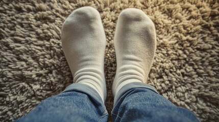 Male Feet Wearing White Socks on a Soft Carpet from Above in a Cozy Indoor Setting
