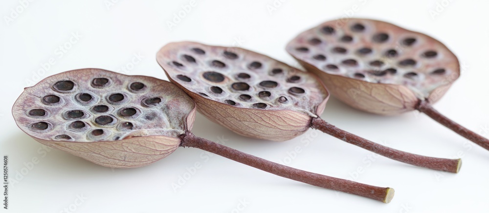 Poster lotus seed pods arranged in a line showcasing their unique structure and texture on a white backgrou