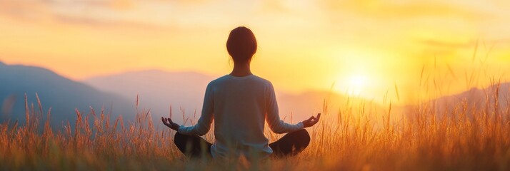 Minimalist Meditation Art Silhouetted Figure at Sunset with Mountainous Backdrop - Holistic Wellness Imagery and Mindful Content for Spiritual Wellbeing Campaigns