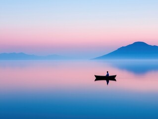 Peaceful solo kayaking at dawn on tranquil lake serene landscape inspirational view