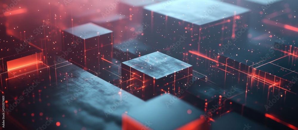 Poster macro view of a futuristic database network with interconnected boxes and digital particles suitable