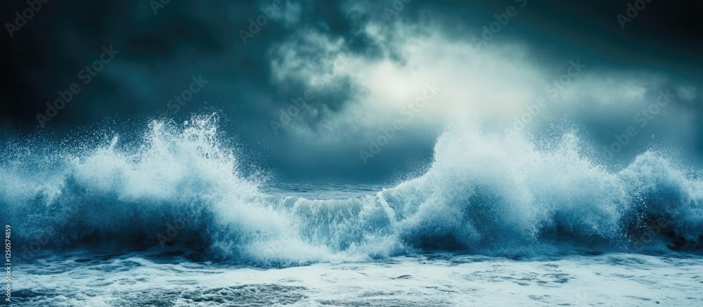 Poster dynamic ocean waves breaking on shoreline under moody skies with ample space for overlay text or des