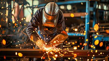Welder sparks fly as metal is poured
