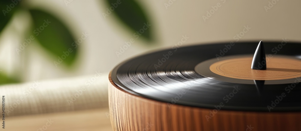 Poster macro photography of a vinyl record with lens flare creating an artistic background and empty space 