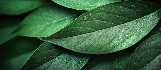 Obraz premium Macro shot of vibrant green leaf texture showcasing drops of water for nature-themed backgrounds and design elements.