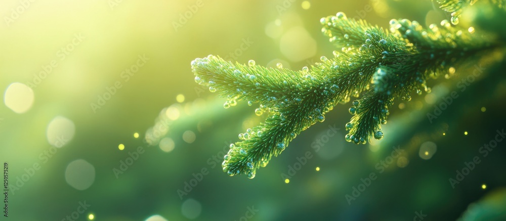 Poster close-up of a young green fir branch illuminated by soft light with bokeh effect creating a serene a