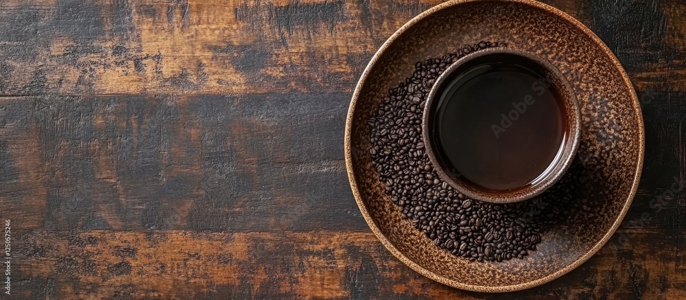 Poster macro view of empty dark ceramic teacup and saucer surrounded by coffee beans on wooden table with s