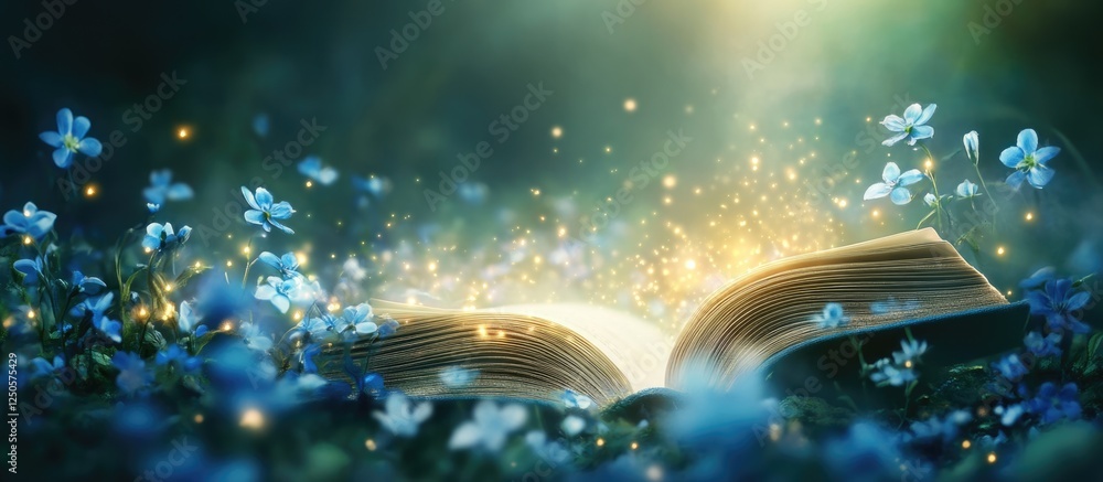 Poster magical fairytale book emitting light surrounded by blue flowers with dreamy bokeh and empty space f