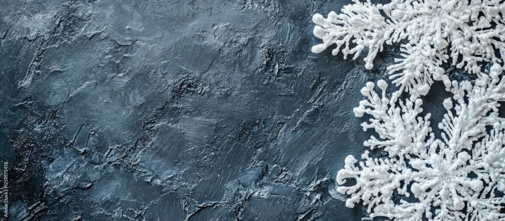 Poster white snowflake macro on dark gray textured background with ample empty space for customizable text 