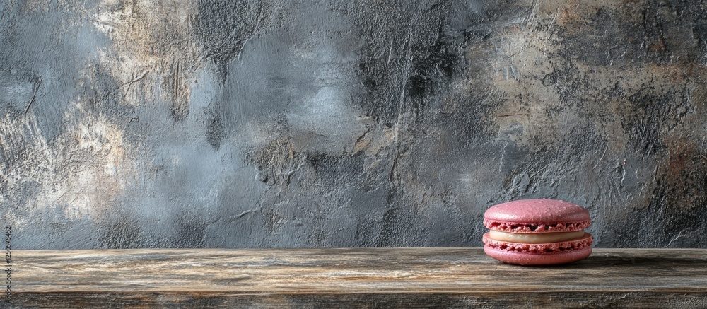 Poster macaron on rustic wooden table against a textured background with ample empty space for customizable