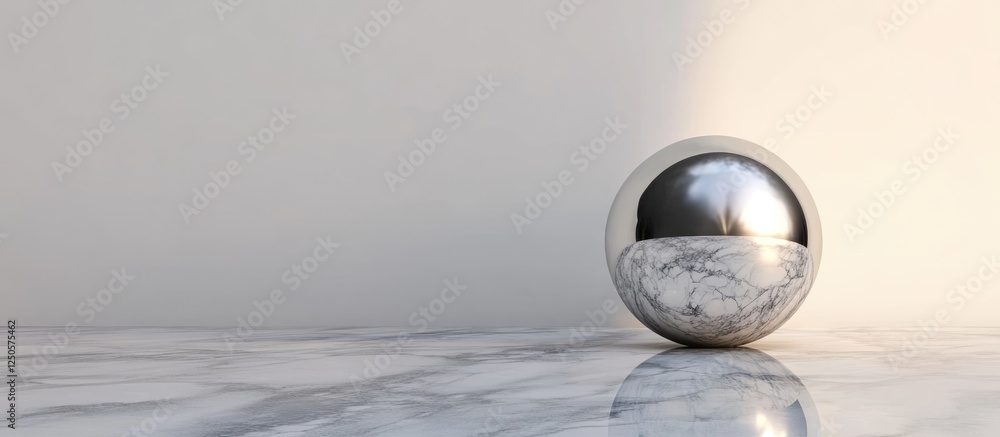 Poster minimalist 3d hemisphere on smooth marble surface with ample negative space for text in an elegant a