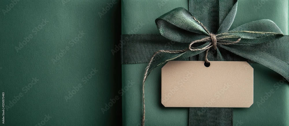 Poster elegant green gift box with decorative ribbons and a blank tag for customizable labeling in a sophis