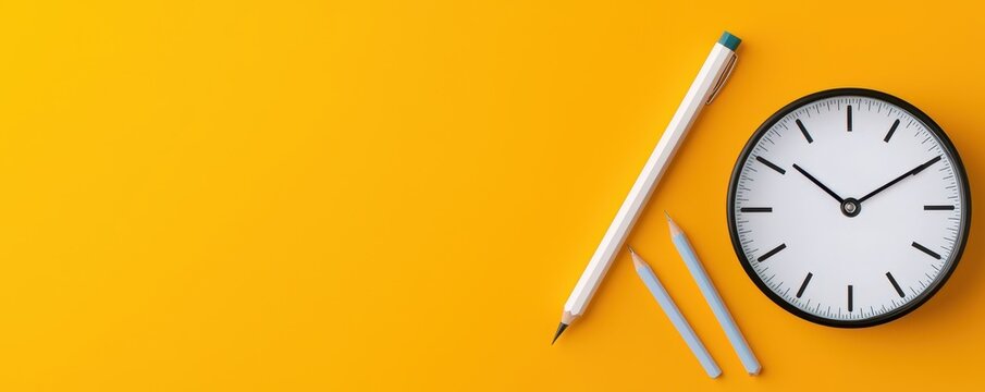 Time management tools office space image set bright yellow background top view productivity tips