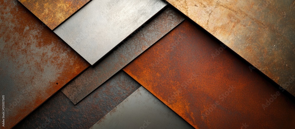 Poster abstract composition of layered metallic sheets showcasing rich textures and colors ideal for indust