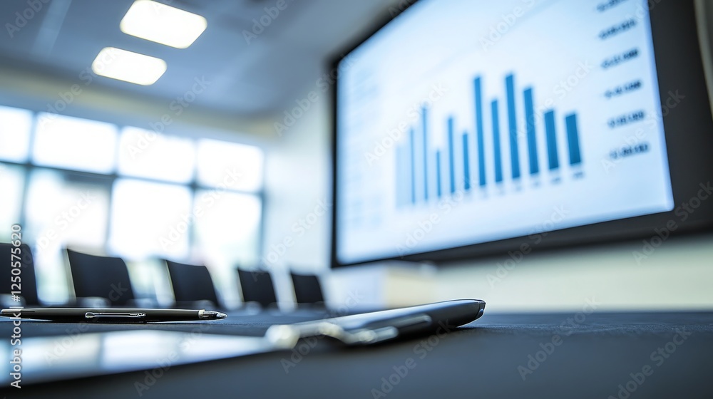 Aufkleber conference room setting with business presentation slide displaying financial growth graphs and offi