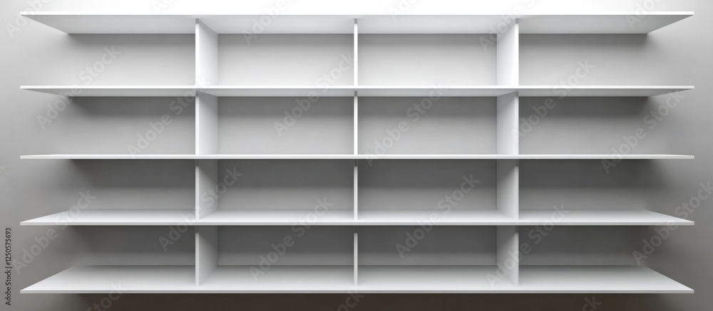 Poster minimalist bookshelf design featuring blank white shelves providing ample space for text or display 