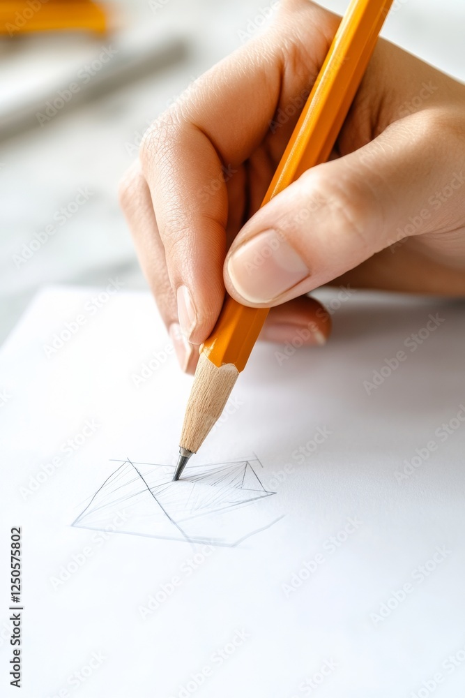 Aufkleber minimalist architectural drafting on smooth paper hand holding pencil with technical sketch precisio
