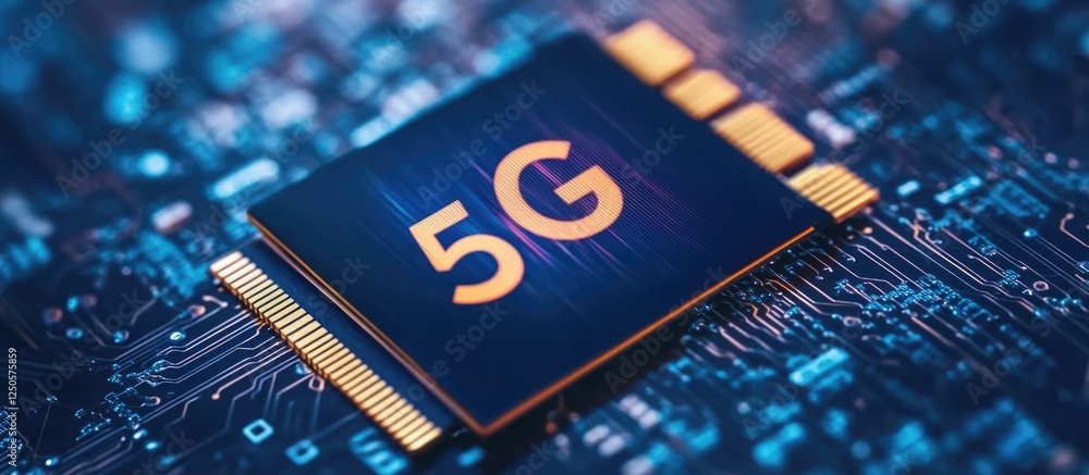 Poster macro image of 5g superspeed storage card on circuit board with abstract lines and space for text