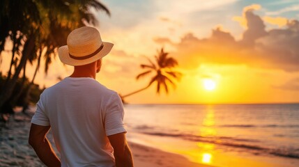 Contemplative man wearing a straw hat enjoying a serene sunset view on the beach surrounded by palm trees and tranquil ocean waves
