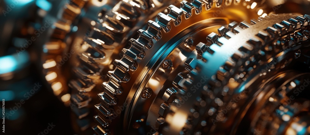 Poster Close-up view of intricately designed metallic gears showcasing intricate textures and vibrant reflections in a robotic assembly background