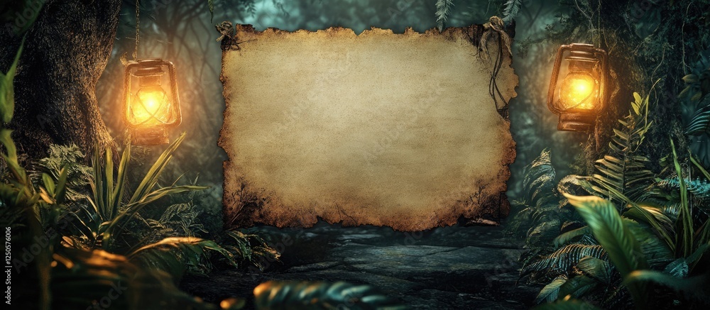 Poster enchanted forest scene featuring lanterns and a blank treasure map space for text showcasing a mysti