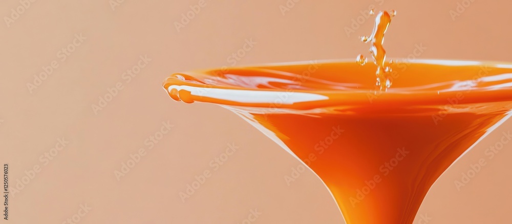 Poster macro close up of a funnel pouring vibrant orange liquid with smooth texture against a soft backgrou