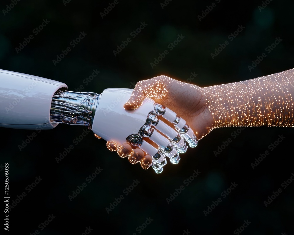 Poster Futuristic AI Partnership Cybernetic and Human Handshake Amidst Holographic Data - Pioneering Tech Collaboration and Innovative Digital Transformation for Startup Success