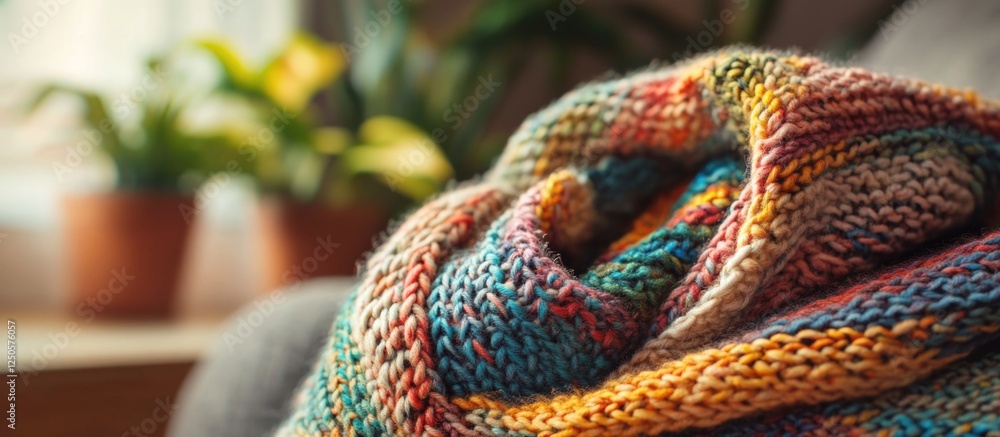 Poster cozy colorful knitted blanket draped on a sofa with plants in the background creating a warm and inv