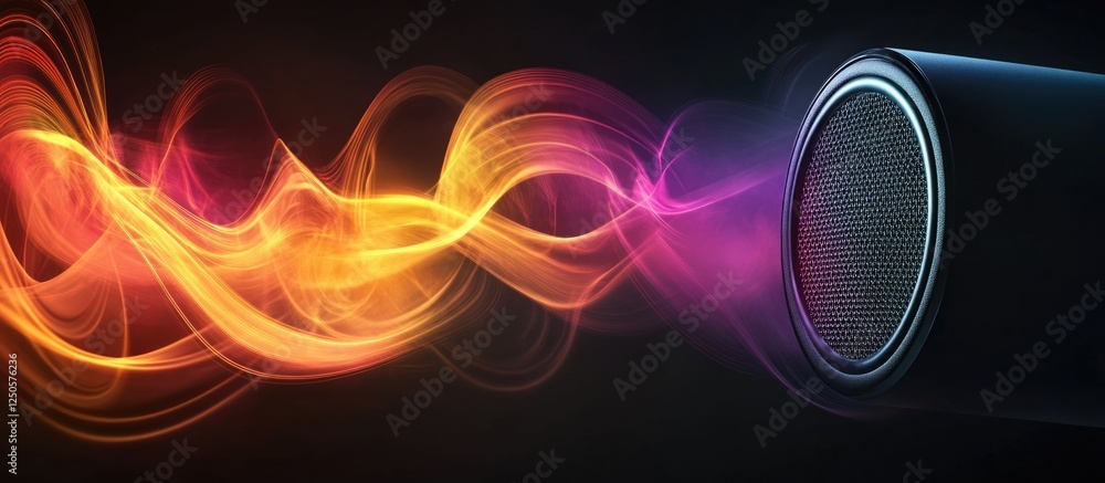 Poster vibrant sound waves emanating from a modern speaker against a dark background with space for text in