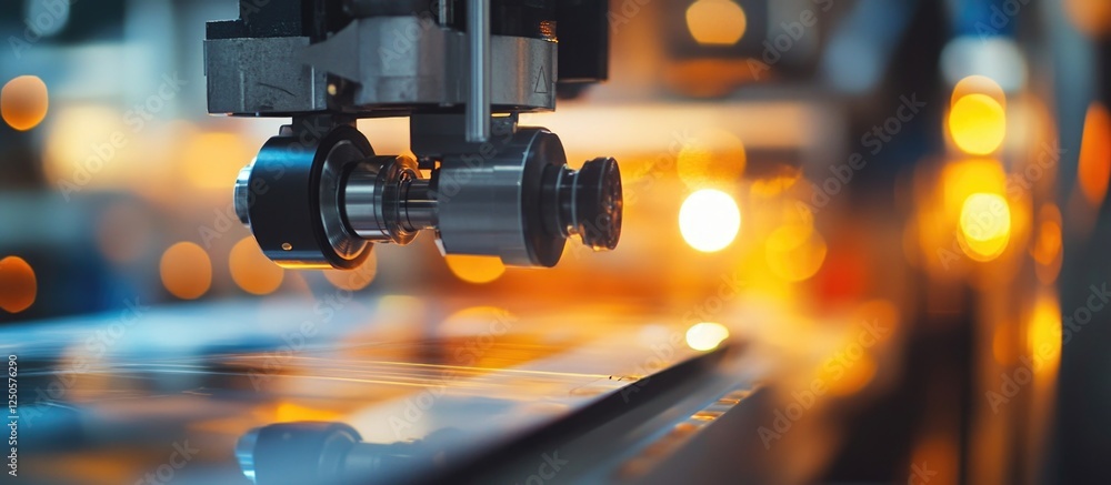 Poster close-up of advanced machinery applying film to mdf panel with blurred background and bokeh effect, 