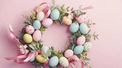 Easter Sunday Celebration Decorations Family Pastel Colors Egg Hunt Festival Colorful Easter wreath with pastel eggs.