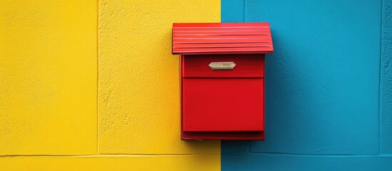 Vibrant Red Mailbox Positioned on Bright Yellow and Blue Background with Ample Space for Text or Advertising Messages