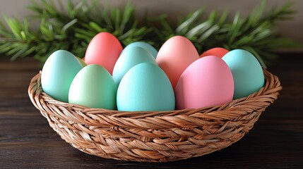Easter Sunday Celebration Decorations Family Pastel Colors Egg Hunt Festival Colorful eggs in a woven basket decoratively arranged.
