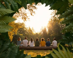 Nature-Focused Corporate Retreat Diverse Team Discussing on Forest Logs - Enhancing Workplace Wellness and Eco-Friendly Culture Through Stress Relief Practices