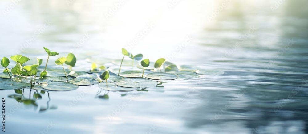 Poster tranquil water surface with floating aquatic plants reflecting natural light creating a serene mood 