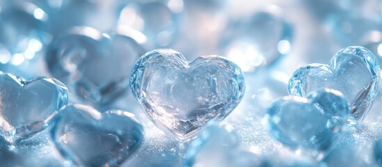 Macro shot of sparkling transparent crystal hearts on a soft blue background with space available for personalized text or messages