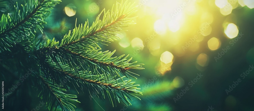 Poster close-up of a young green fir branch capturing sunlight with a blurred bokeh background creating a s