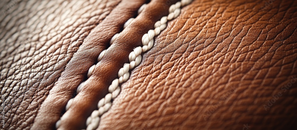 Poster brown leather texture with white stitching close-up macro background for design and textile applicat