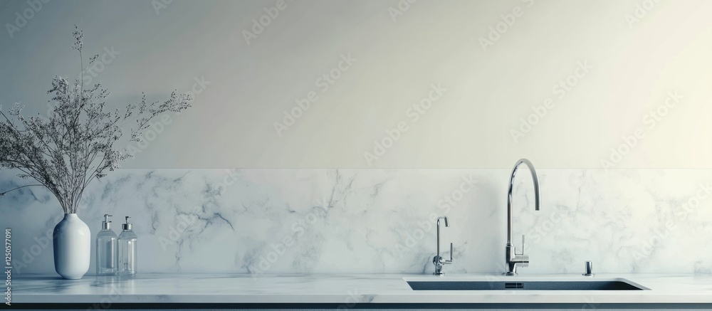 Poster elegant modern kitchen design with white marble countertops and sink showcasing minimalist decor and