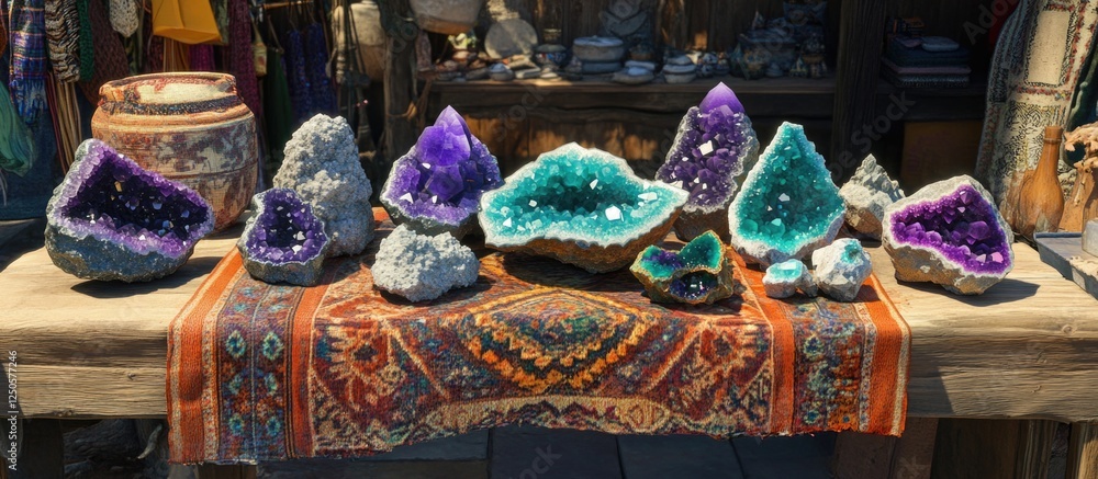 Aufkleber vibrant market display featuring colorful geodes and crystals arranged on a rustic wooden table with