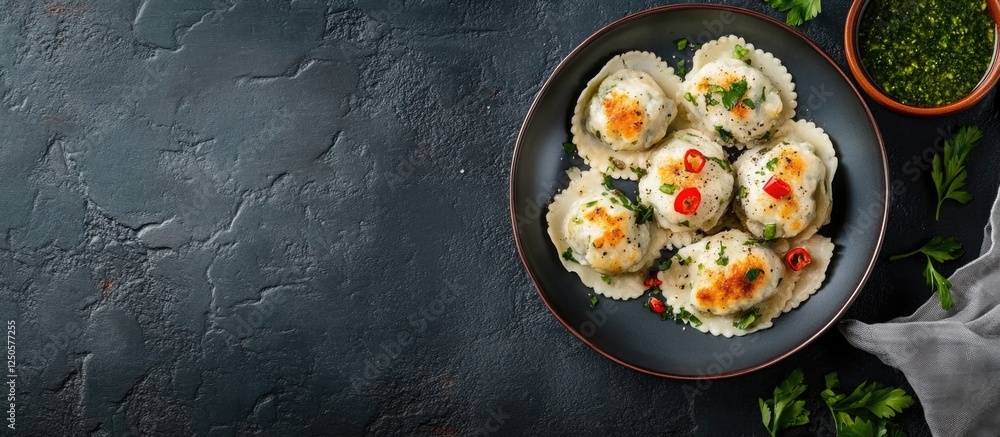Poster mini stuffed dumplings with chimichurri sauce on a dark background featuring empty space for text an