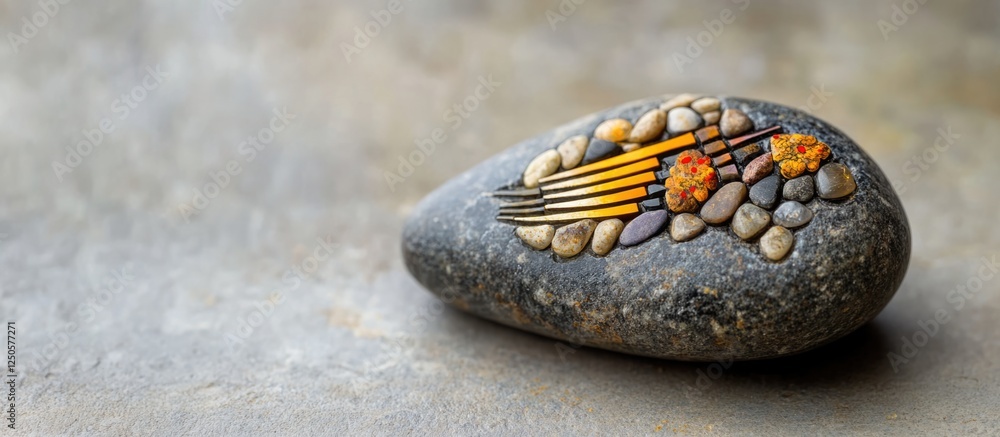 Poster miniature abstract art on a pebble with vibrant colors and empty space for creative text or messagin