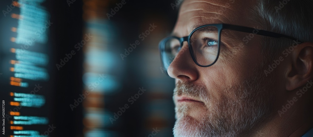 Poster middle aged man focused on stock market data in home office with space for text in a professional se