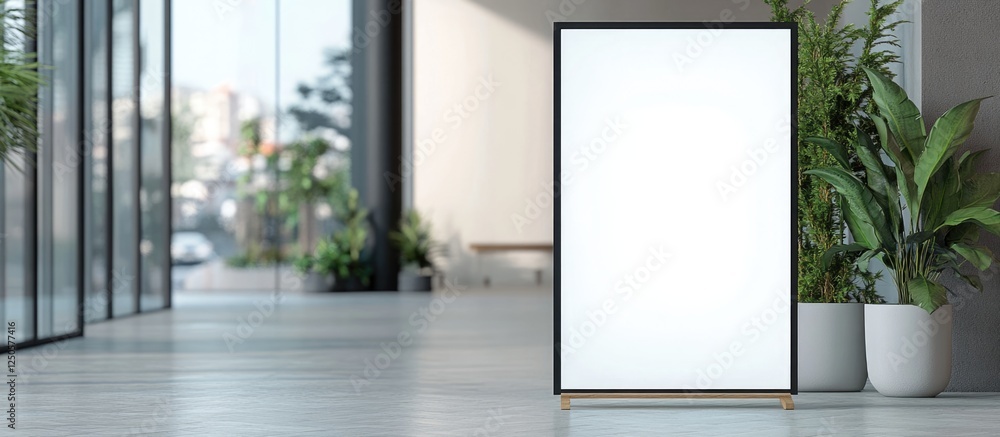 Poster promotional mockup display in modern retail space with empty frame for customizable advertising cont