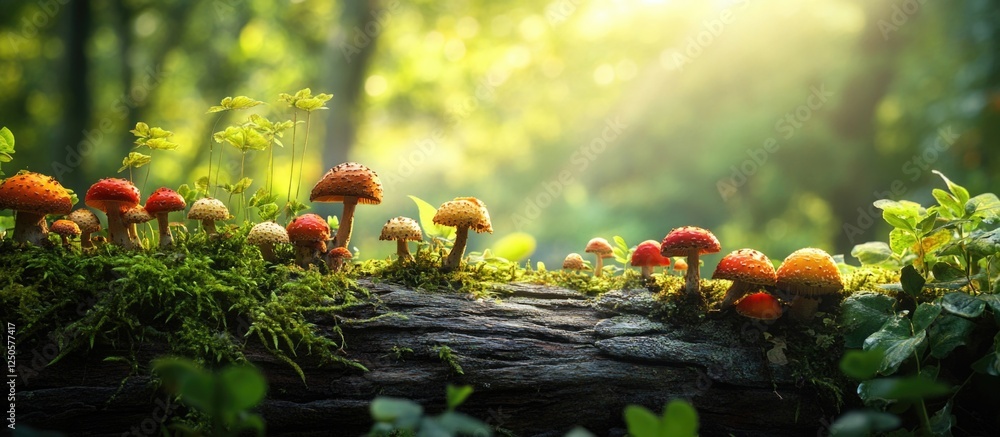 Poster vibrant mushrooms growing on a decaying log in a sunlit forest setting creating a serene and enchant