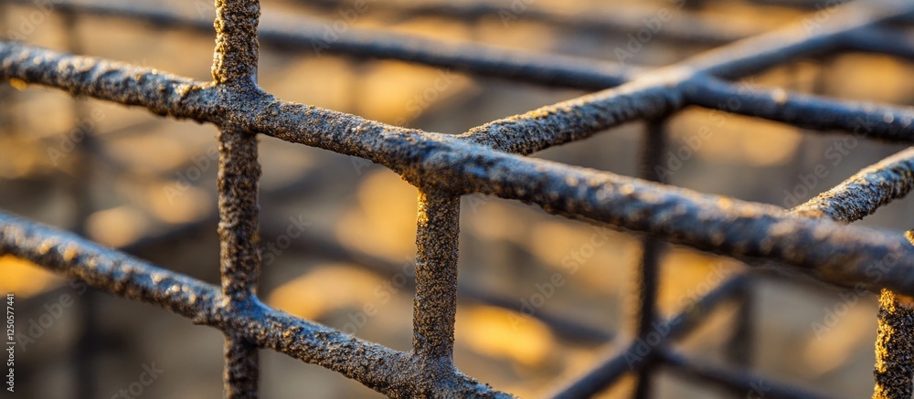 Poster close-up view of a rusted metal mesh grid fence with square cells highlighting texture and sunlight 