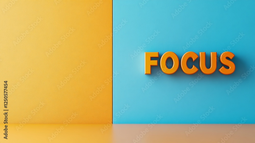 Leinwandbilder Bold Minimalist Typography Geometric Yellow and Blue Background with Text FOCUS for Creative Branding, Visual Storytelling and Modern Graphic Design Applications
